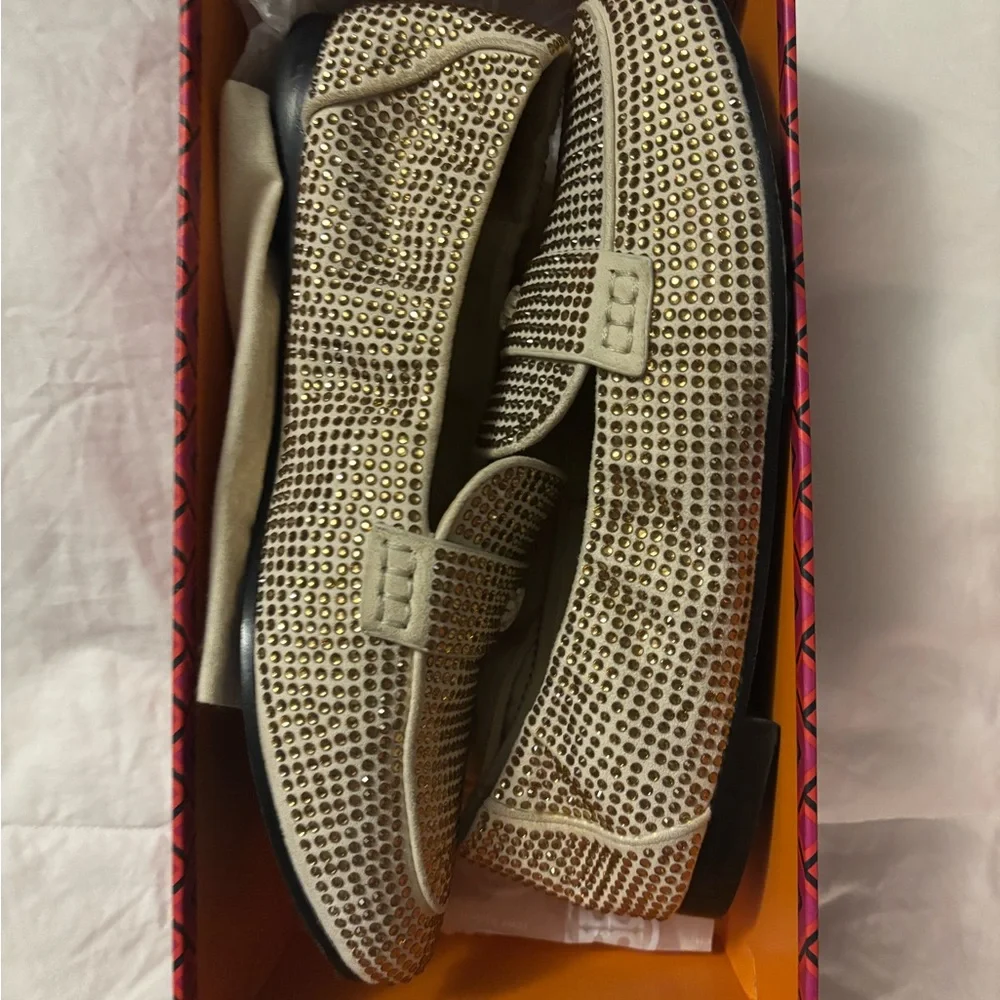 Tory Burch leather crystal Loafers in new cream size 7.5 - Picture 12 of 14